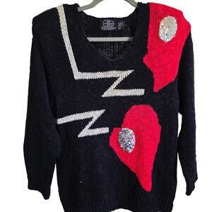 David Brett Sweater Womens L Black Red Novelty 80s Sequin Abstract‎ Linen Cotton